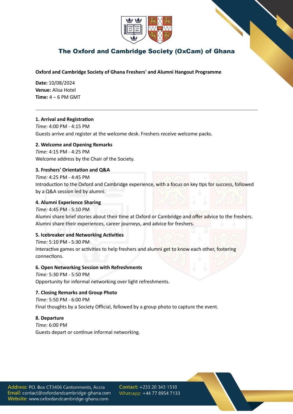 Official programme for Freshers and Alumni Hangout, 10 August 2024